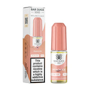 Packaging for Bar Juice 5000 Peach Ice Nic Salt E-Liquid featuring a peach-colored bottle with a white and orange label, and a box with product details.